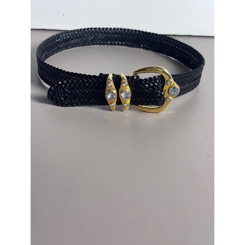 Womens VINTAGE Black Woven Belt Gold Sparkle Buckle Accent Fashion Accessory